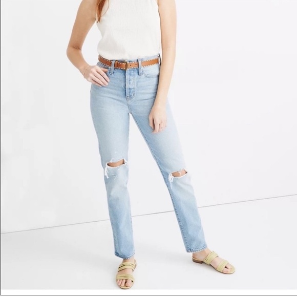 ❤️ Madewell Blue Jeans Denim Full Length Classic Straight 26P petite rips - Picture 1 of 7